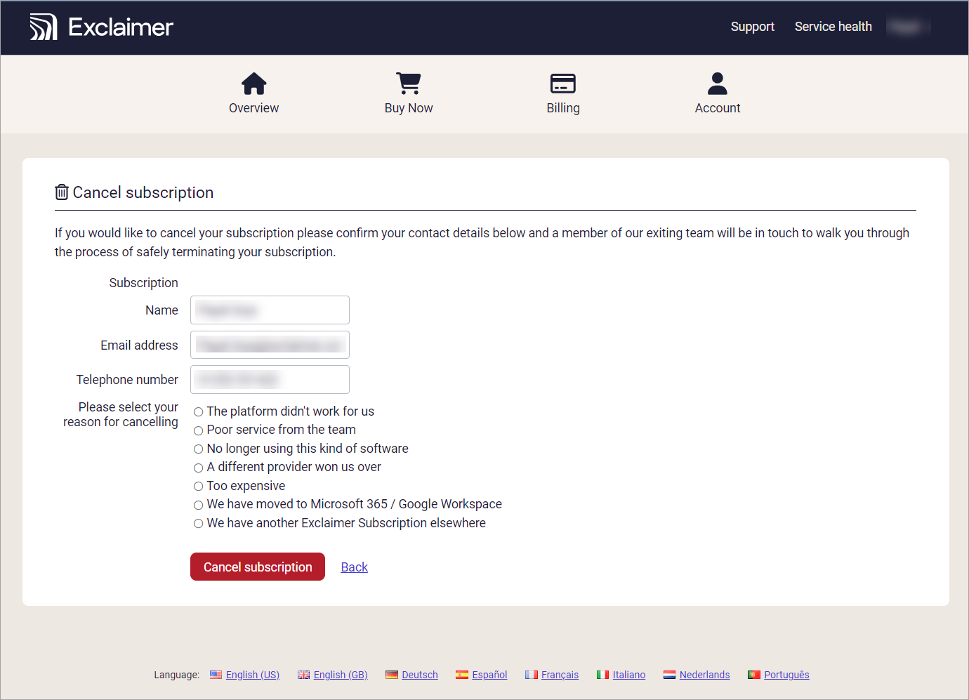 Cancel Exclaimer Subscription – Exclaimer Knowledge Base